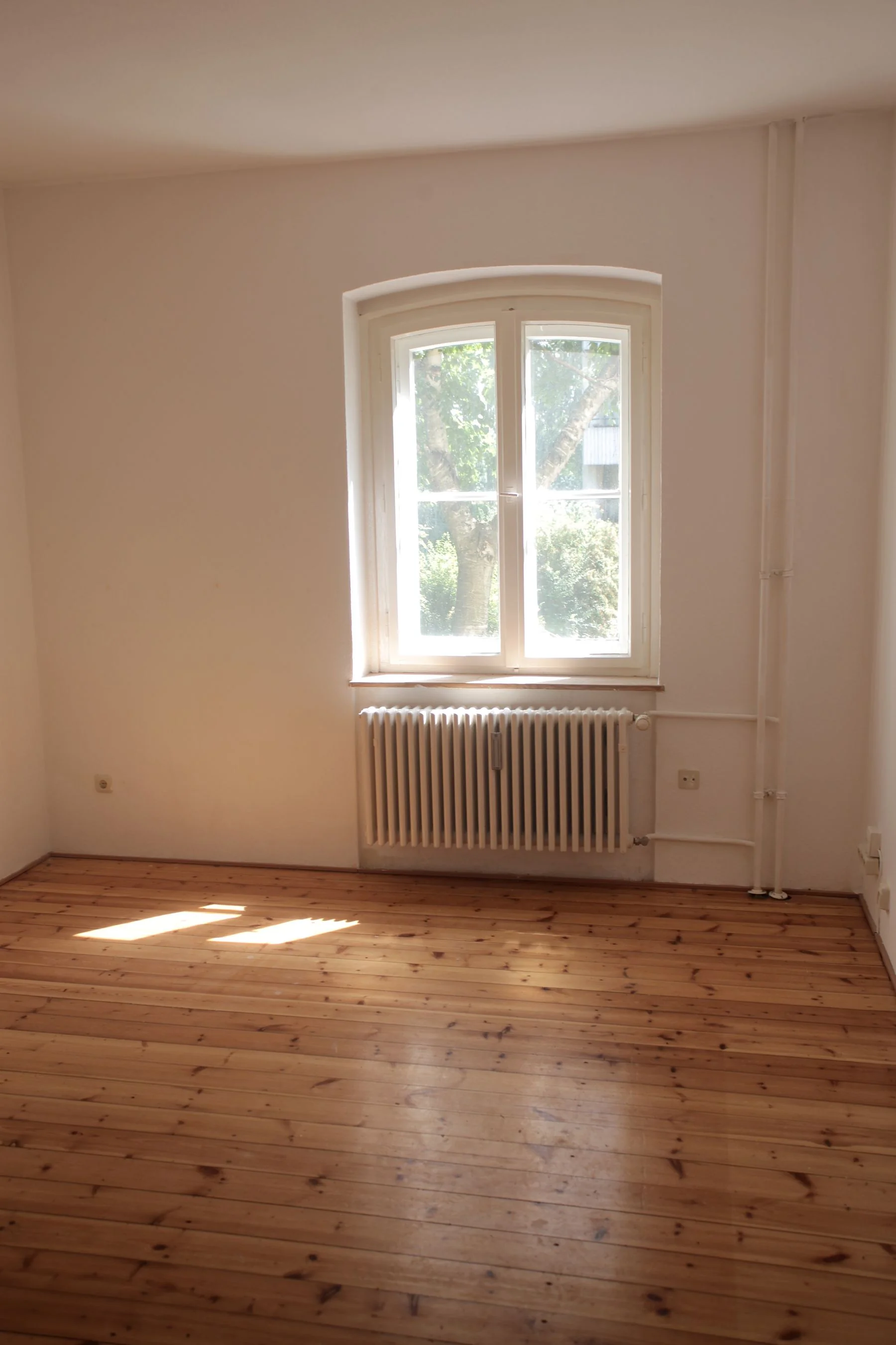 Empty room with timber floor, window and fixed radiator