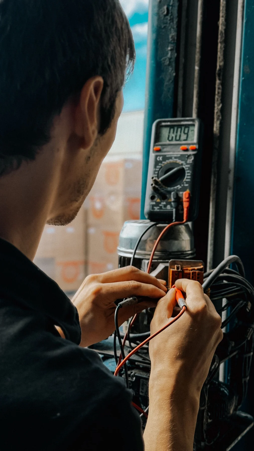 Technician measuring electrical connections with a multimeter